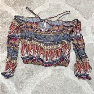 Solemio Red and Orange Bell Sleeve Crop Blouse